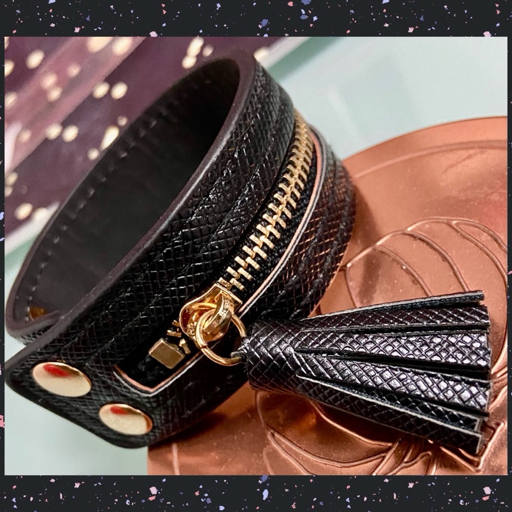 Black Punk Handmade Zipper Stitched Tassel Design Leather Wrap Bracelet